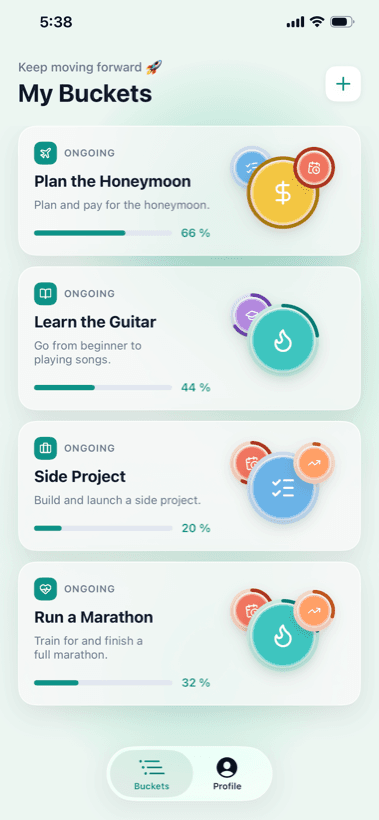 DreamPaths app — My Buckets screen